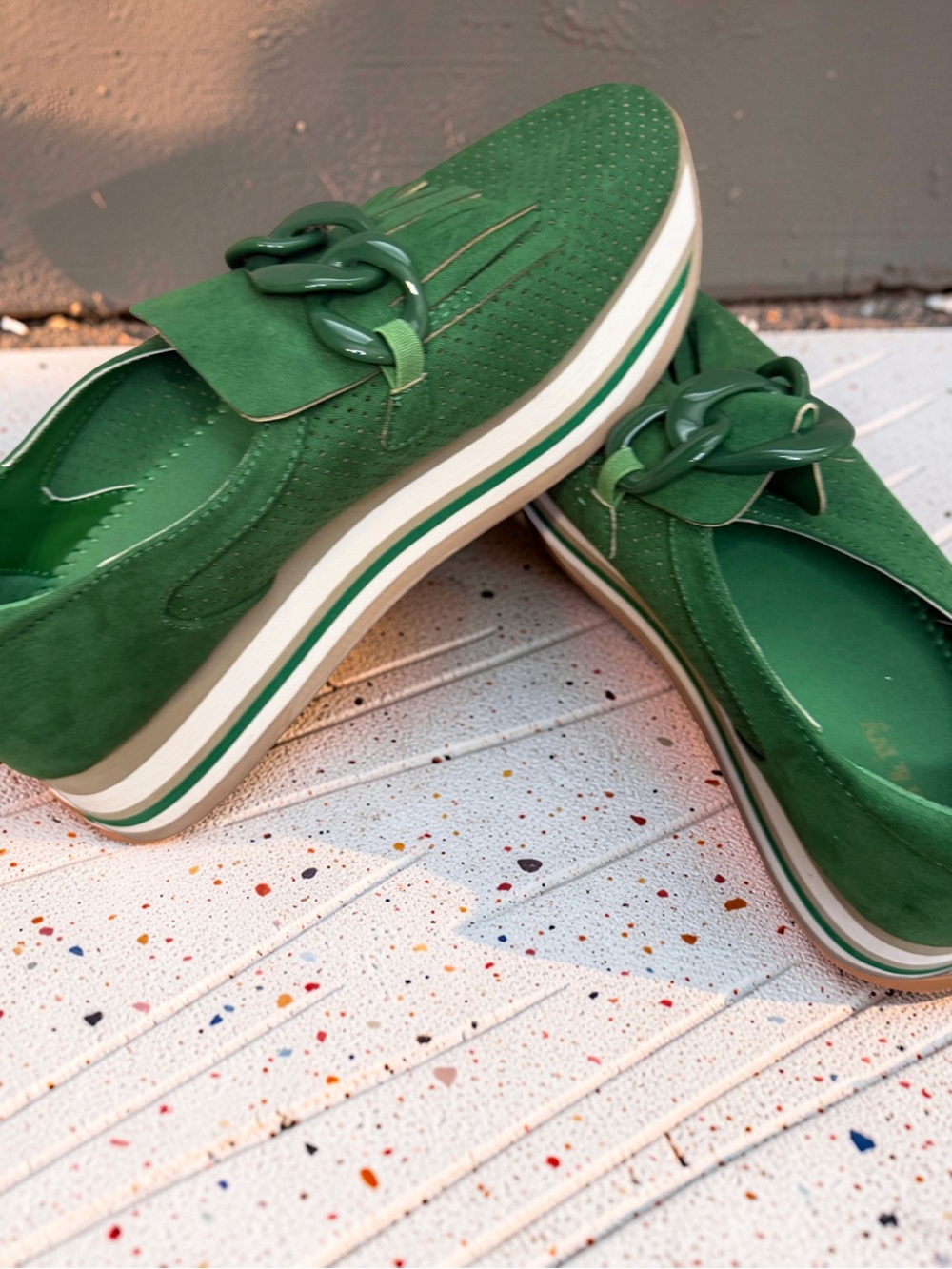 crown & ivy Green Platform Slip-On Mules with Chain Accent